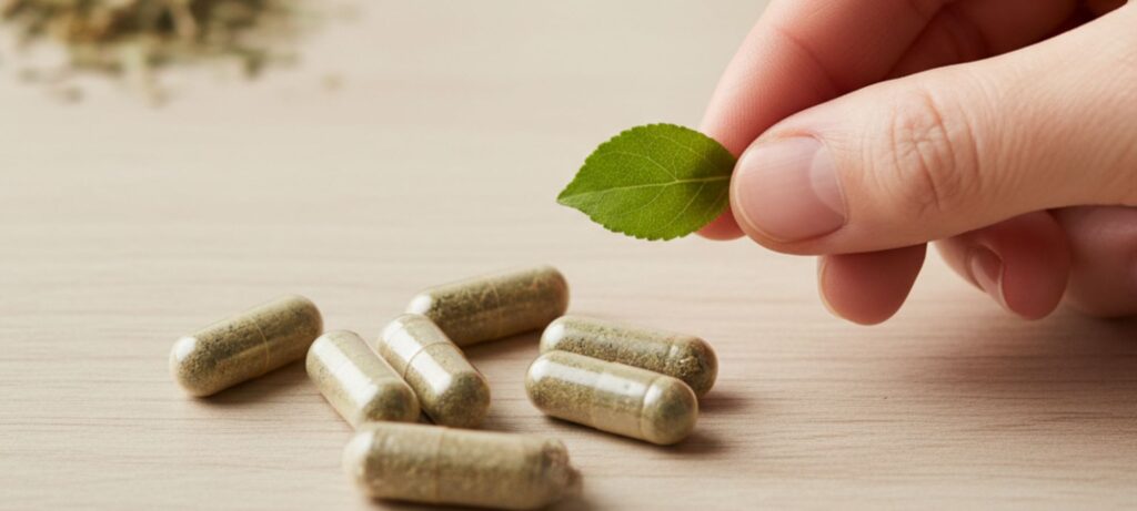 Hand holding natural health capsules and a green leaf, symbolizing natural wellness and supplement efficacy.