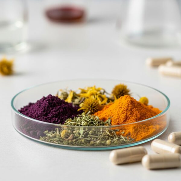 Close-up of natural immune supplement ingredients and capsules in a scientific setting.
