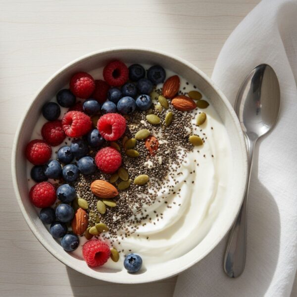 Simple, balanced bowl of yogurt and berries representing gut and digestive health.