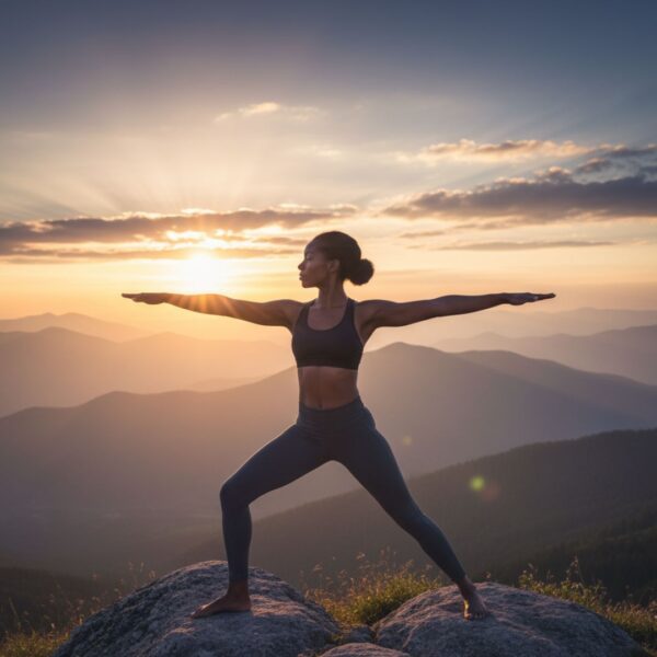 Person performing a calm yoga pose outdoors at sunrise, symbolizing sustained natural energy.