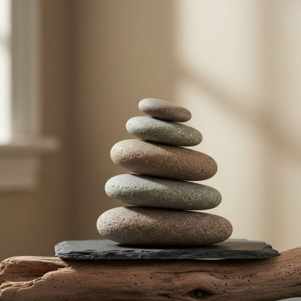 Stacked river stones (cairn) representing hormonal balance and harmony in natural health.