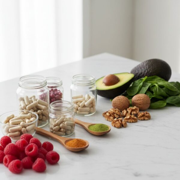 Natural health supplements and fresh fruits representing targeted nutrition