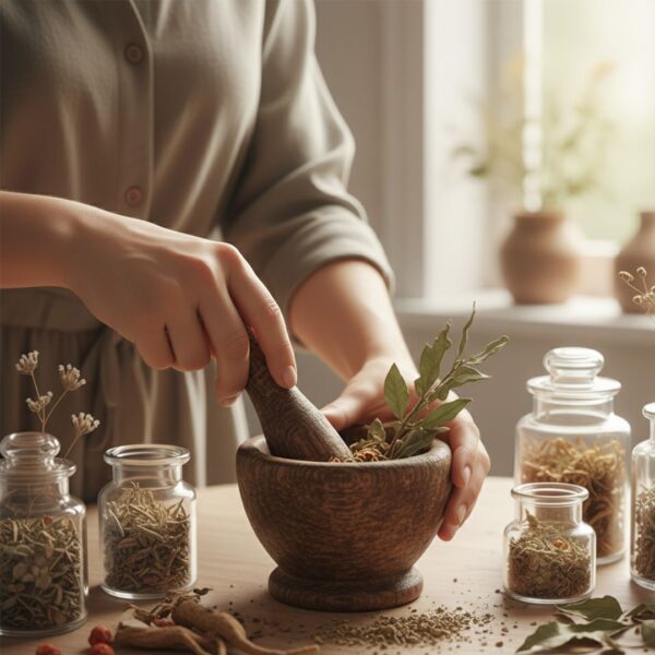 Hands preparing herbal remedies in a wooden mortar and pestle