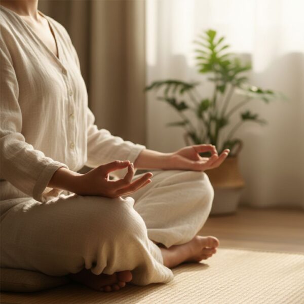 Person practicing mindfulness or meditation in a peaceful environment