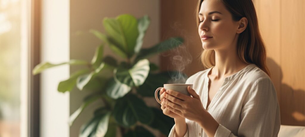Woman holding herbal tea in a peaceful naturopathic clinic waiting room