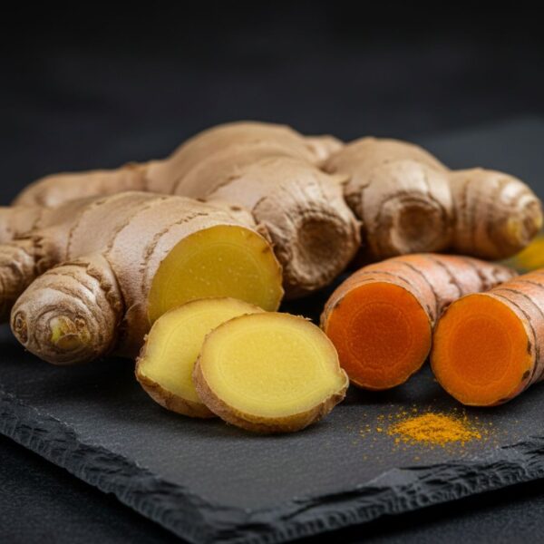 Close-up of sliced fresh turmeric and ginger roots on a dark slate surface.