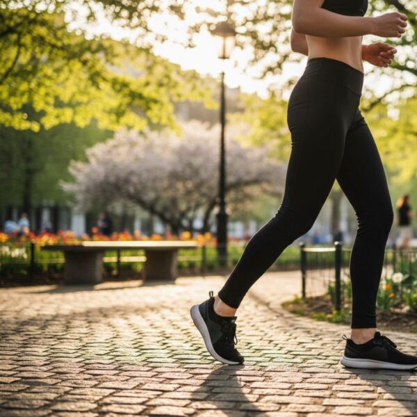 A person walking on a sunlit park path to support lymphatic health and detox.