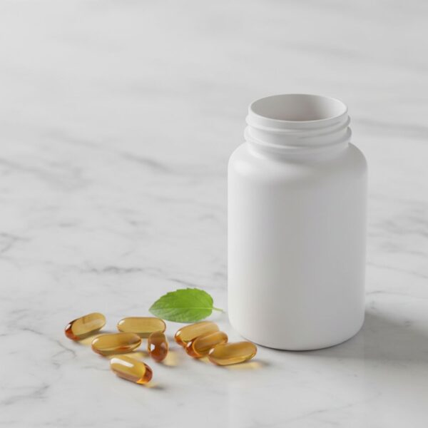 Professional supplement bottle and capsules on a marble surface with a green leaf.