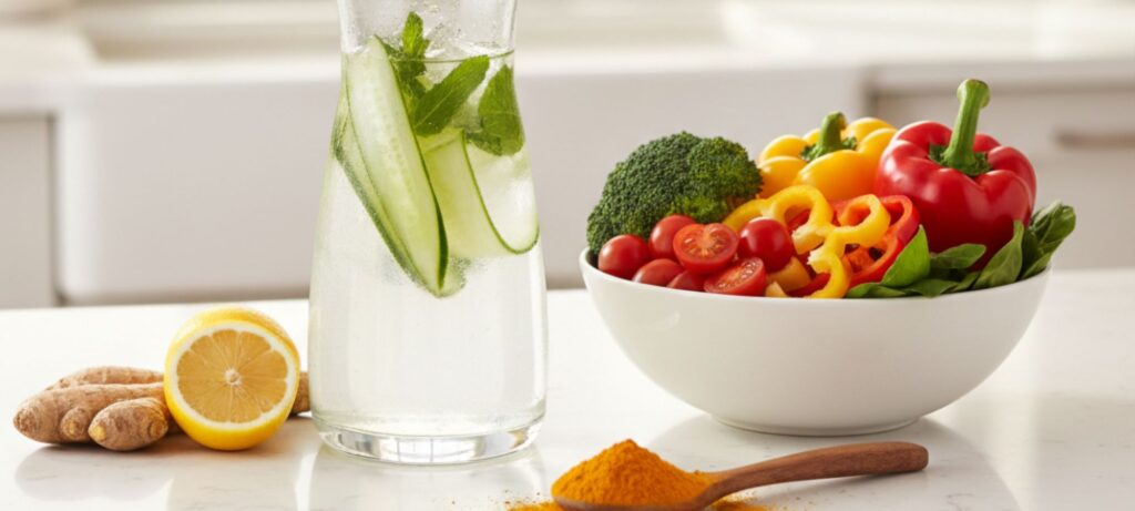 Cucumber water, vegetables and tumeric on a wooden sppon