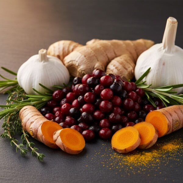 Close-up of fresh natural immune-boosting ingredients like ginger, garlic, and elderberries.