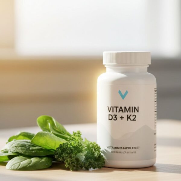 Vitamin D supplements on a table with green vegetables in a ray of sunlight.