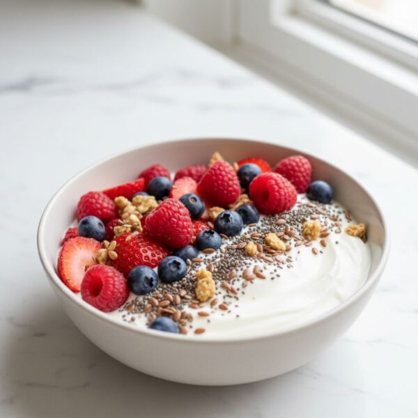 A healthy bowl of probiotic yogurt and berries representing gut health.